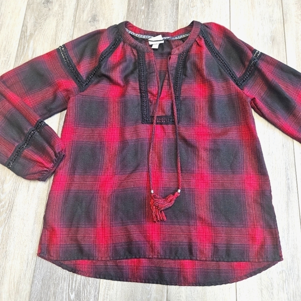 Knox Rose Plaid Peasant Popover Blouse Top V Neck Notch Red Black Women's Small